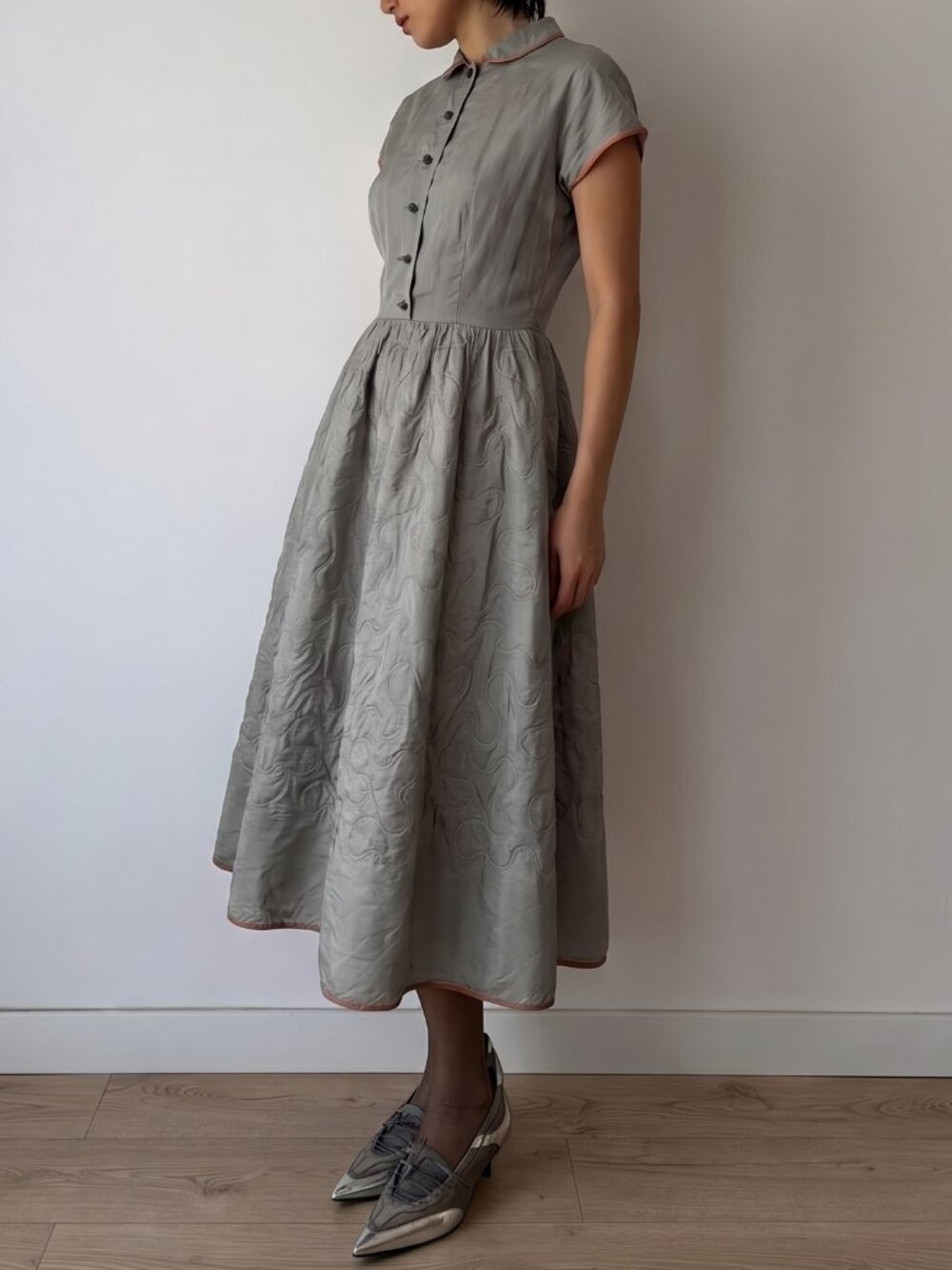 Sweet 1950s Betty Barclay Silver Satin Short Sleeve Party Dress